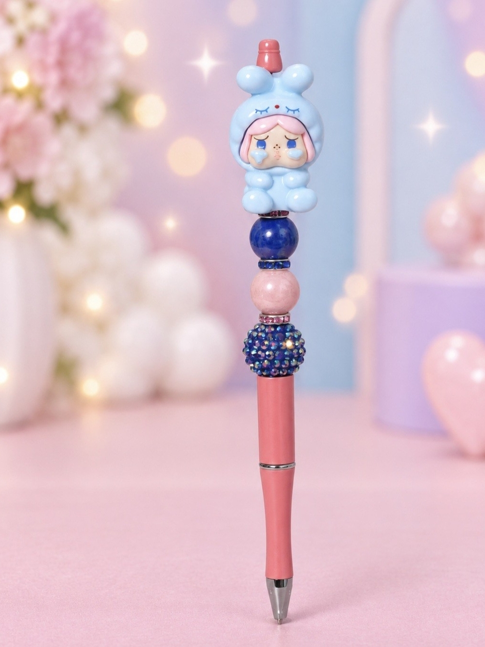 Kawaii Cry Baby Bunny Girl Handmade Beaded Pen – Pink & Blue Sparkle